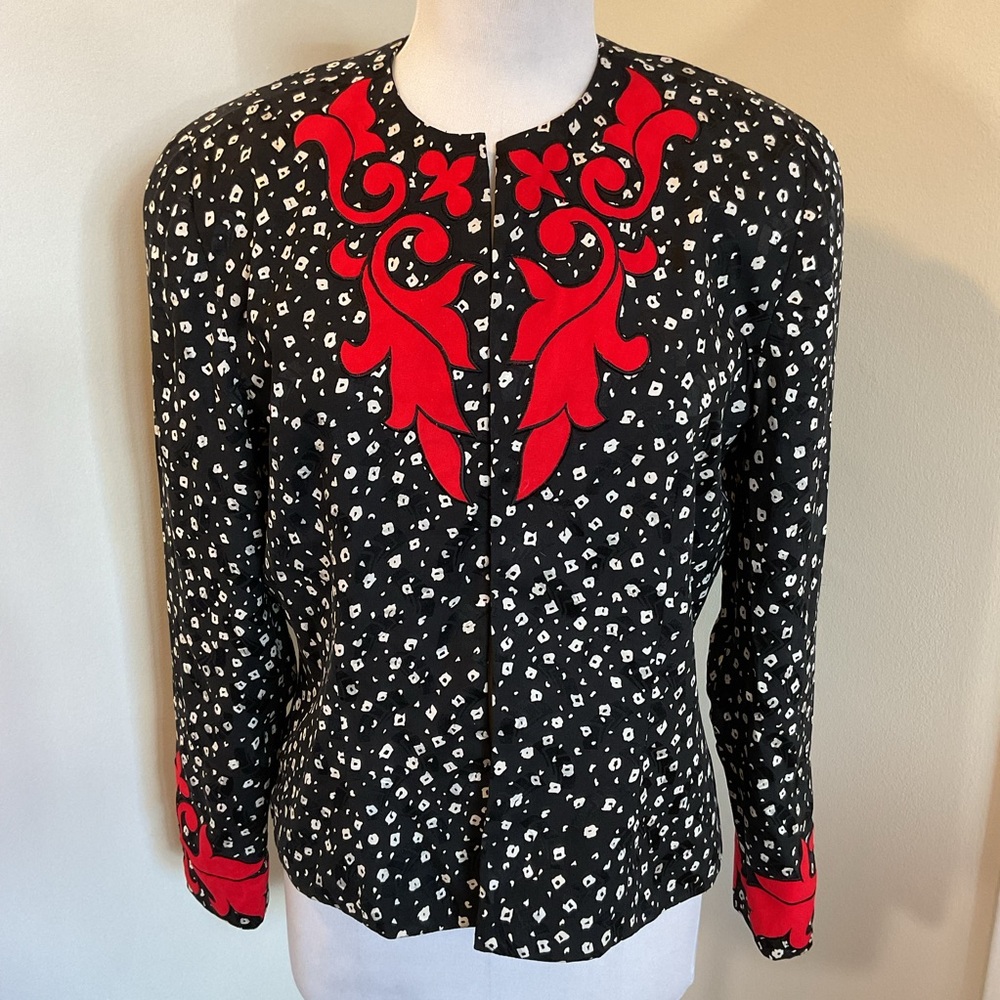 Vintage Julie Francis 100% Silk Blouse 12 Black White Dot Red Embroidered Leaf - Picture 2 of 8
